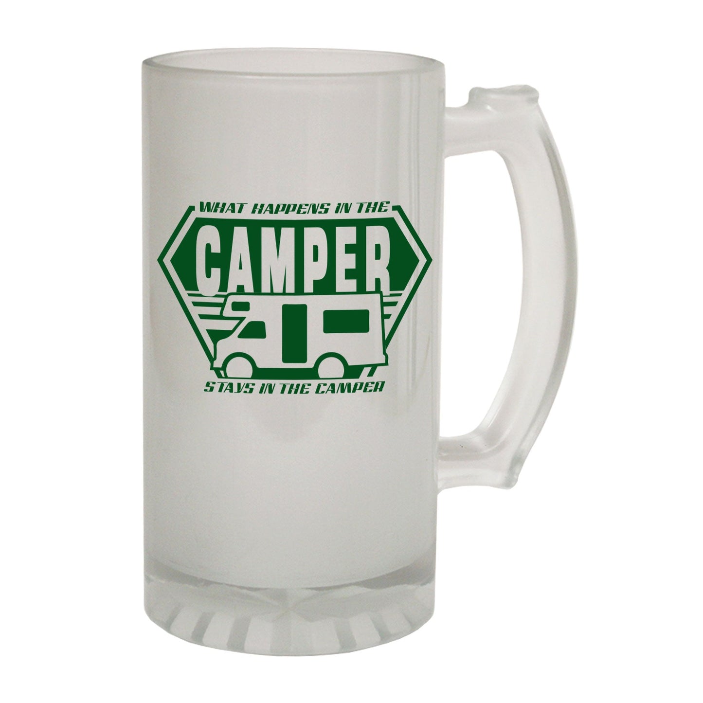 Happens Camper Stays Camping - Novelty Funny Frosted Stein - Gift Boxed