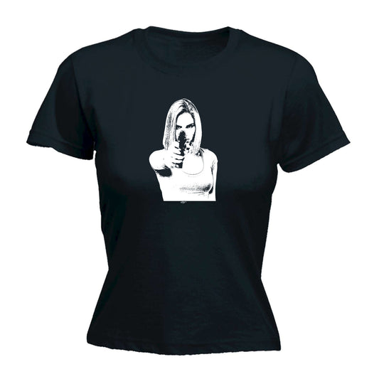 Girl Shooting Blond Gangster - Funny Womens T-Shirt Tshirt
