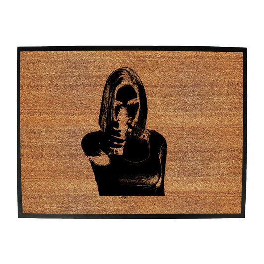 Girl Shooting Blond Gangster - Funny Novelty Doormat