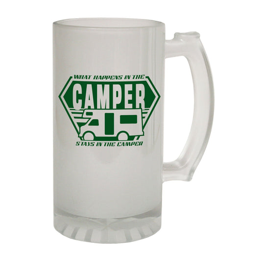 Happens Camper Stays Camping - Novelty Funny Frosted Stein - Gift Boxed
