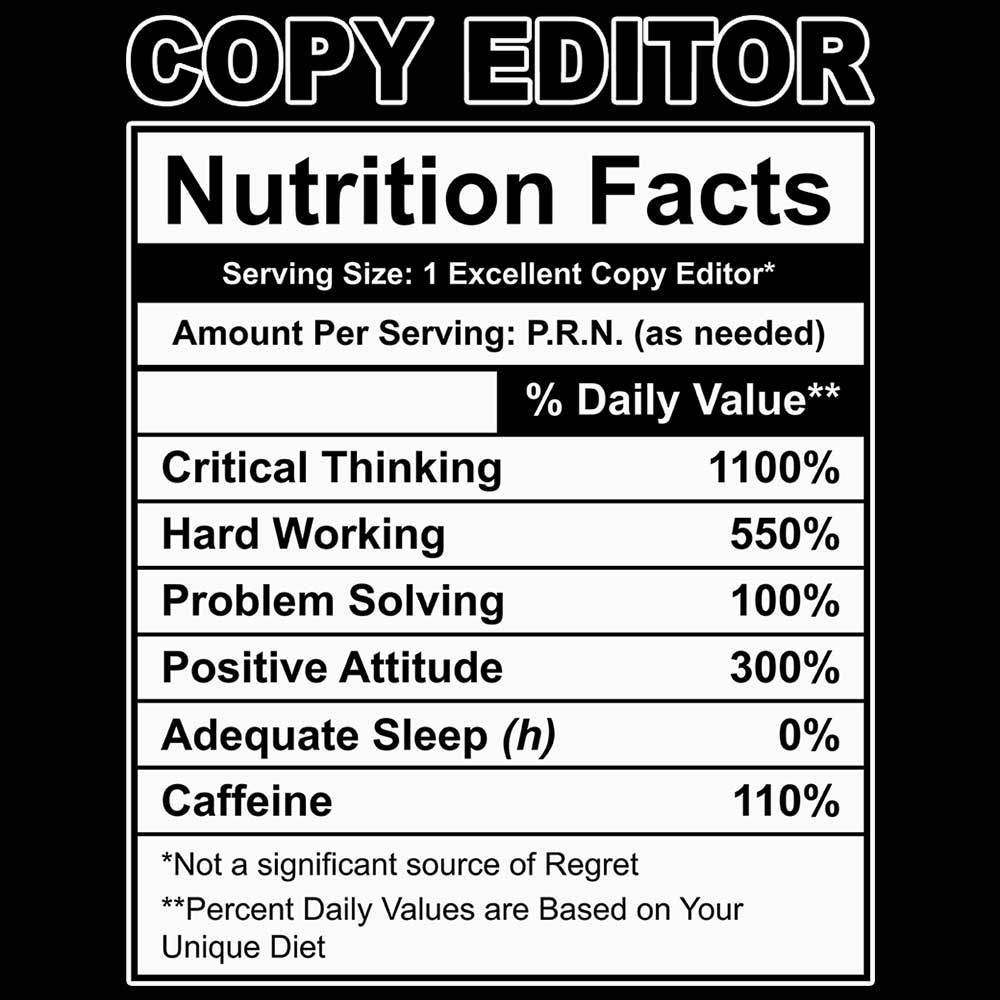 Copy Editor Nutrition Facts - Mens 123t Funny T-Shirt Tshirts