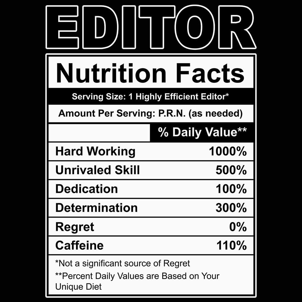 Editor Nutrition Facts - Mens 123t Funny T-Shirt Tshirts