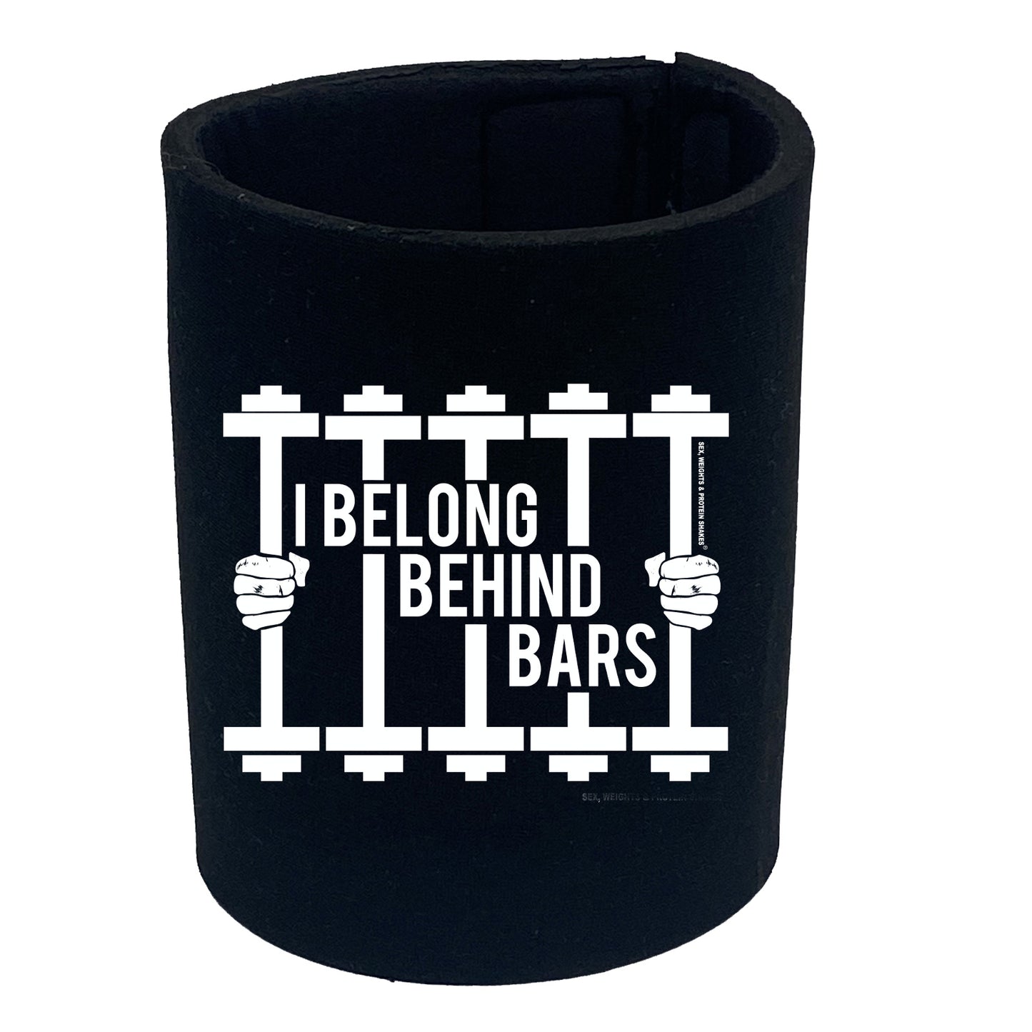 Swps I Belong Behind Bars Dumbell - Funny Stubby Holder