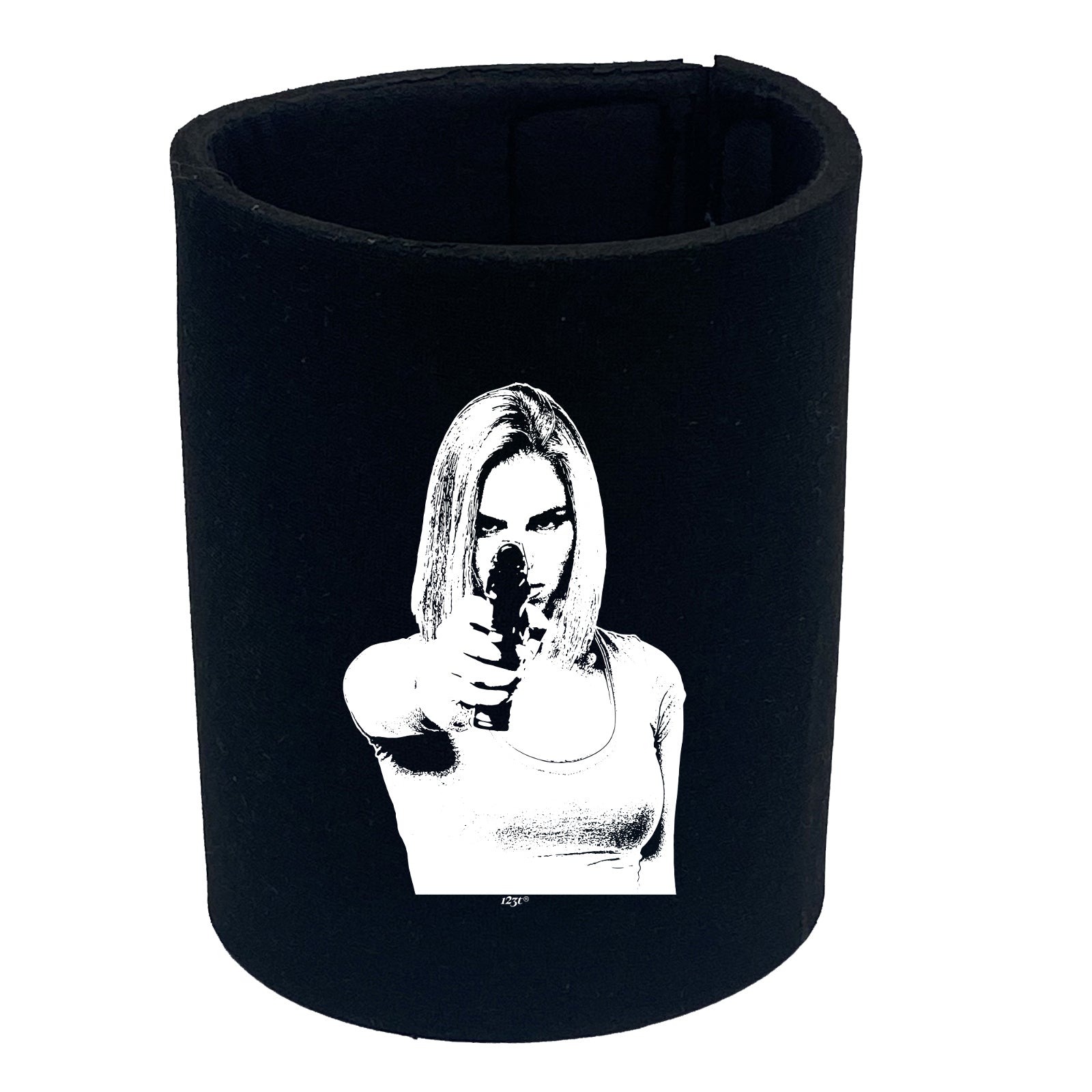 Girl Shooting Blond Gangster - Funny Stubby Holder